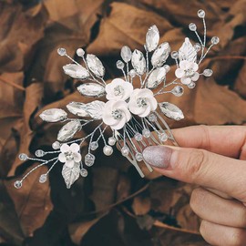 Edary Bridal Flower Wedding Hair Comb Silver Pearl Headpiece Leaf Wedding Side Comb Bridal Hair Accessories for Women and Girls (Silver 2)