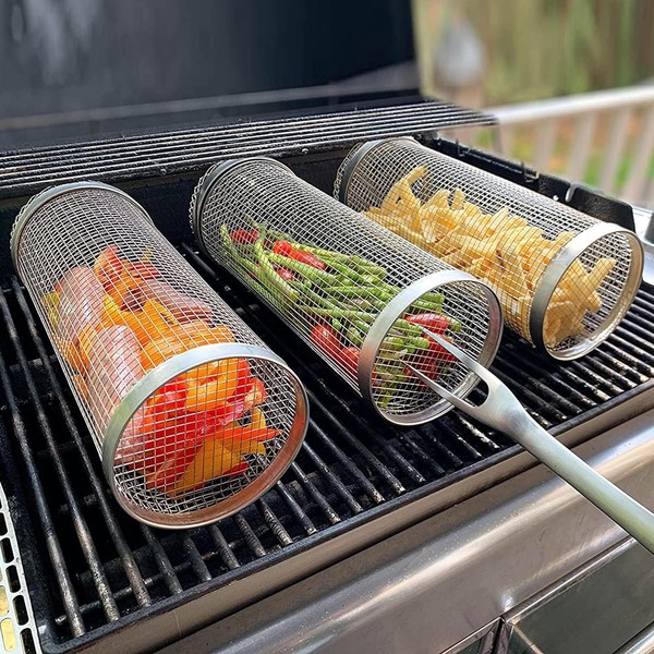 Rolling BBQ Grilling Basket, Stainless Steel Outdoor BBQ Accessories, Portable BBQ Vegetable Grill Basket, BBQ Grill Round Barbecue Rack for Vegetables, French Fries, Fish (A)