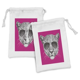 Lunarable Modern Fabric Pouch Set of 2, Hipster Leopard with Aviators Sunglasses Portrait Cool Wild Animal Illustration, Small Drawstring Bag for Toiletries Masks and Favors, 9" x 6", Magenta Grey