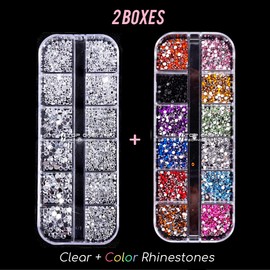 2 Boxes Clear Round + 12 Color Round Rhinestones with Box, Beauties Factory Flatback Nail Art Decals Design Crafts 1.5mm 2mm 3mm