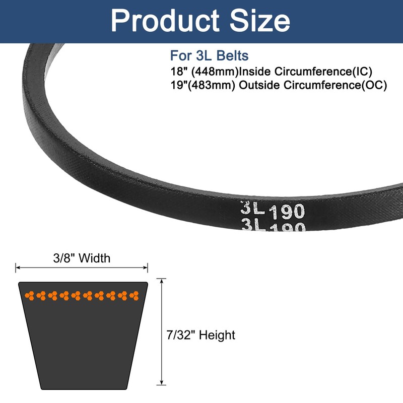 sourcing map 3L190 Classic Wrapped Rubber V-Belt, 19"(483mm) Outside Circumference,