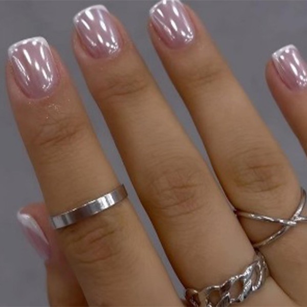 24pcs Chrome White French Tip Press On Nails Short Square