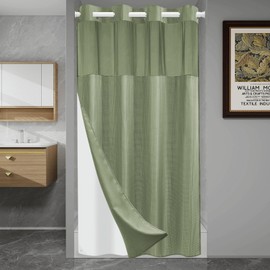SORTTO No Hook Shower Curtain with Snap in Liner Set Waffle Shower Curtain for Bathroom Hotel Style Fabric Waterproof Inner Liner，54" W x 80" H, Green