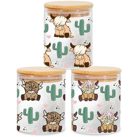 JarThenaAMCS 3Pcs Highland Cow Glass Storage Jars with Airtight Lid Cattle Cactus Decorative Canisters Sets for Farmhouse Home Kitchen Countertop