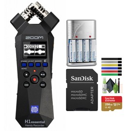 Zoom ZH1E H1essential 2-Track Handy Recorder with 32-Bit Float Recording + 4X AA Batteries with Charger + 64GB microSDXC Memory Card + Cleaning kit + Wire Ties