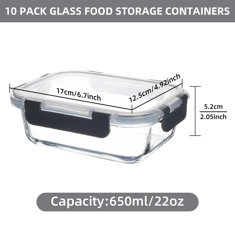 HAKEEMI 10 Pack 22oz Glass Food Storage Containers with Lids,