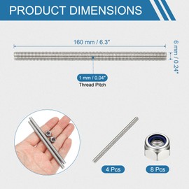 PATIKIL 5 Pcs Fully Threaded Rod, M6 x 160mm 304 Stainless Steel Right Hand Long Thread Bar Studs with Nuts for Pipes Clamps Hangers U-Bolts