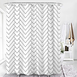 DeKeLaiFu Black and White Shower Curtain Cloth Fabric Geometric Chevron Design with Steel Hooks, Simple Modern Striped White Shower Curtains Bathroom Mould Proof Resistant Waterproof, 180x180 cm