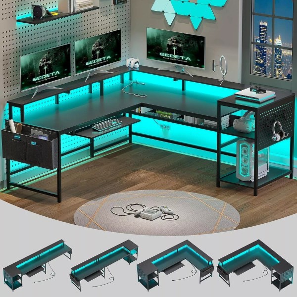 L Shaped Gaming Desk, Reversible Computer Desk with Power Outlets