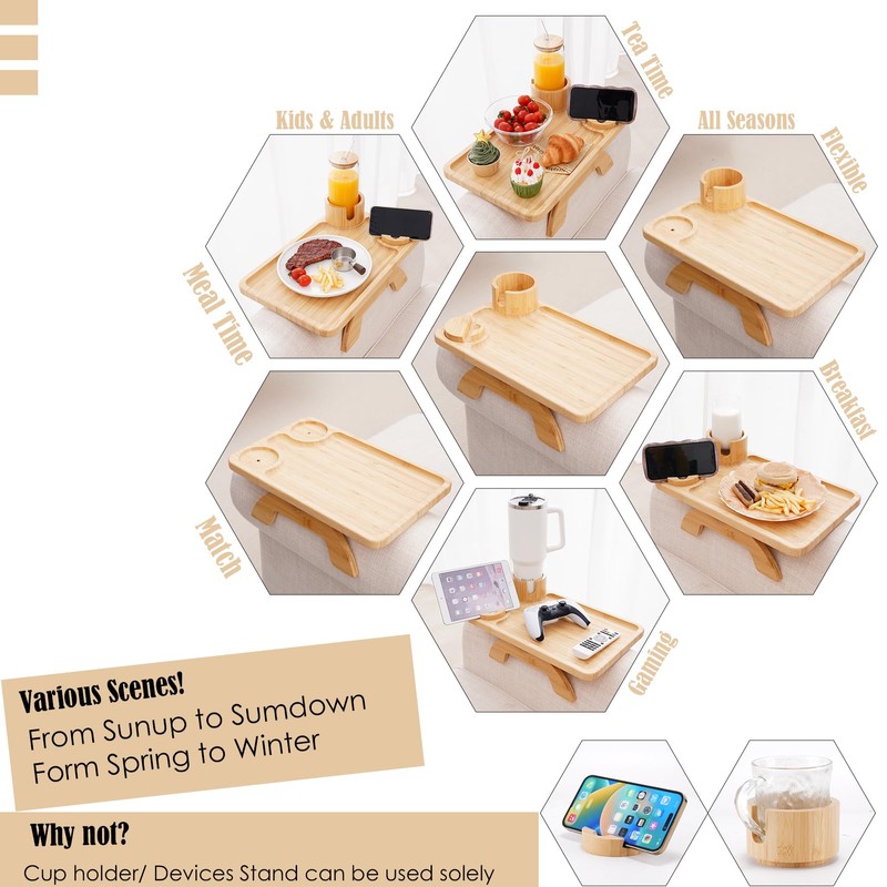 Nnewvante Couch Table on Arm,3 in 1 Large 15.36"x9.85" Bamboo