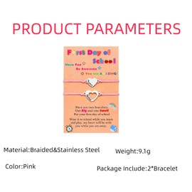 Ticome First Day of School Mother and Daughter Matching Heart Bracelets Braided Rope Pink Stainless Steel Charm Wish Bracelets Presents for Girls