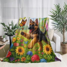 zbezbe German Shepherd Puppy Flannel Blanket Cute Dog Butterfly Floral Throw Blankets Lightweight Soft for Party Chair Bed Sofa Camping Travel,Home Farm Decor,Gifts Kids,50x60in