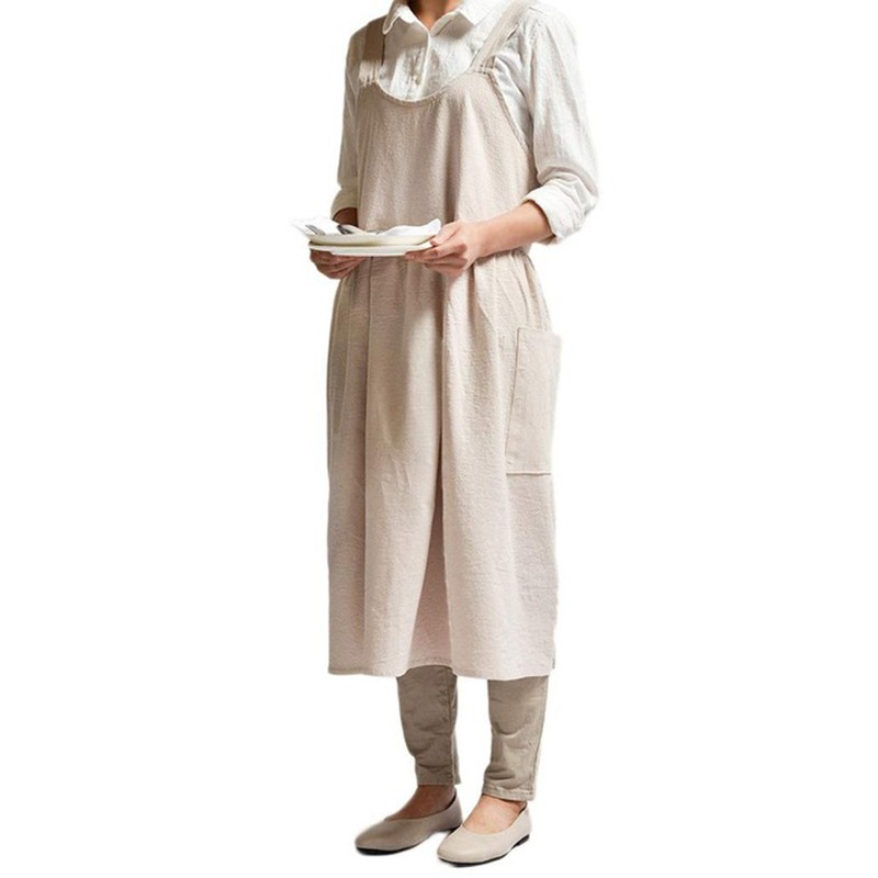 Women Kitchen Cooking Apron with 2 Front Pockets Cotton Linen