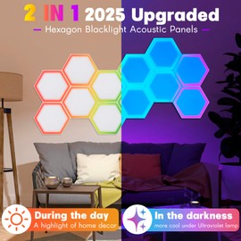 12 Pack Blacklight Acoustic Panels, 14"X 12" X 0.4" Hexagonal UV Reactive Sound Proof Panels for Wall, Sound Absorbing with Self-Adhesive, DIY Decor for Computer Game Room, Bedroom