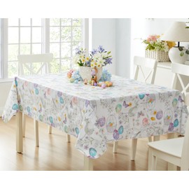 Newbridge Vinyl Rectangle Tablecloth, 60 x 84 Inch, Easter Bunny Blossom Flannel Backed Table Cloth, Easter Egg Basket Floral