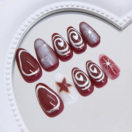 Almond Press on Nails Short Fake Nails with Designs Stars Stick on Nails Sliver Circle False Nails Red Gradient Acrylic Nails Reusable Artificial Nails Full Cover Glue on Nails for Women 24Pcs