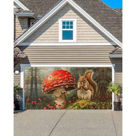 Fall Harvest Forests Mushrooms Garage Door Decorations, Large Hanging Garage Door Cover Banner with Grommets, Thanksgiving Squirrels Backdrop Door Mural for Indoor Outdoor Party Wall Yard, 7x8ft