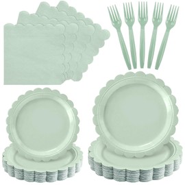 100 Pcs Sage Green Plates and Napkins - Disposable Sage Green Scalloped Paper Plates Napkins Forks for Wedding Bridal Shower Birthday Baby Shower, Serves 25