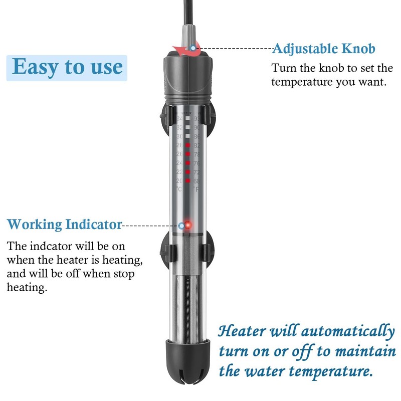 HITOP 25W 50W Adjustable Aquarium Heater, Submersible Fish Tank Heater