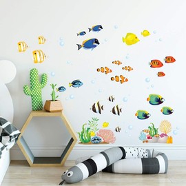 DECOWALL DS4-8035 Coral Reef Fish Kids Wall Stickers Decals Peel and Stick Removable for Nursery Bedroom Living Room art murals decorations decor bathroom toddlers girls baby boy color sea animals