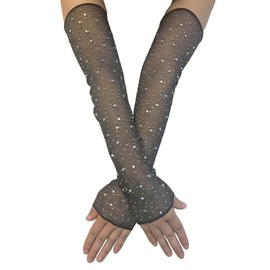 Women's Long Fingerless Sheer Gloves Rhinestone Elbow Length Mesh Tulle Arm Sleeves for Opera Wedding Prom Party A/Black