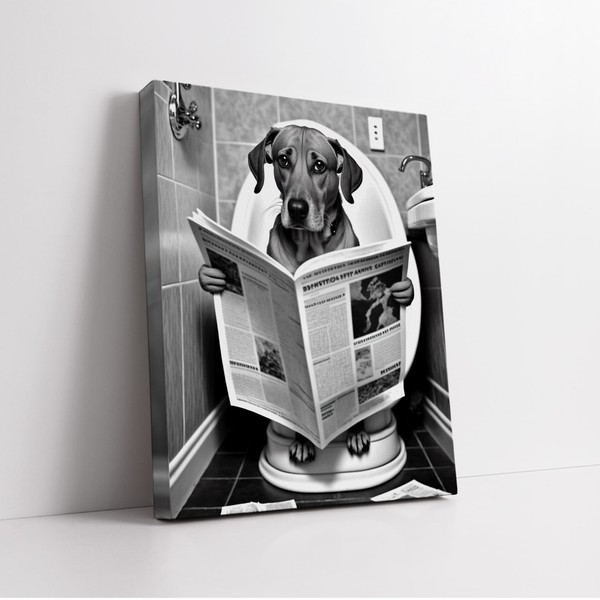 Poster Master Dog Sitting on Toilet Canvas - Reading Newspaper