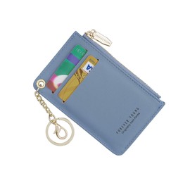 Small Wallets for Women Slim Leather Card Case Holder Wallet Coin Change Purse with Keychain, Dark Blue, Small