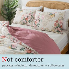 Zusbest Shabby Floral Duvet Cover Set Queen Size 100% Cotton Pink Flower Bedding Retro Blush Gold Printed Zipper Comforter Covers Reversible Luxury French Country Bedding Soft 3Pcs-Not Comforter