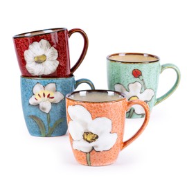 12oz Coffee Mugs Set of 4, Hand-Painted Floral Stoneware Cups with Handle, Dishwasher Microwave Oven Safe, Cappuccino Mugs for Latte, Tea, Espresso & Hot Cocoa, for Home Kitchen & Cafe, Mix