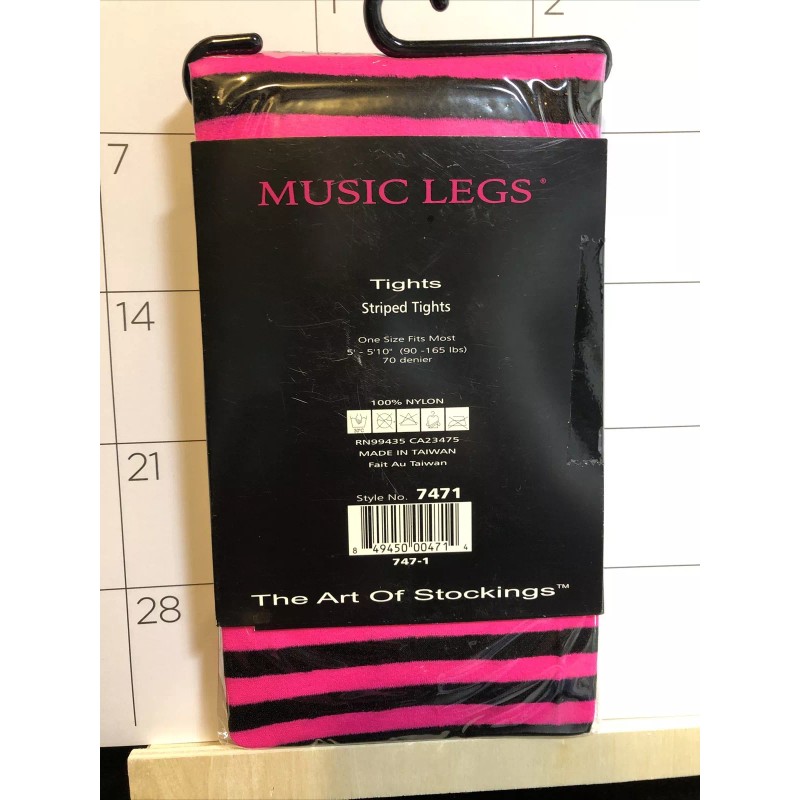 Music Legs 7471 Nylon Opaque Striped Tights, Black/Hot Pink One