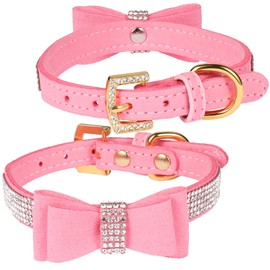 LOVPE Crystal Dog Collar/Cat Collar Velvet Leather with Bow-Knot Tie Rhinestone Puppy/Kitten Collars for Small Dogs & Cats (XS(Neck for:8-10 Inch), Pink)
