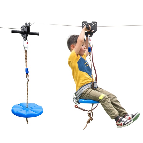 Goplus 100FT Zip Line Kit for Backyard Holds up to 400 lbs, Outdoor Zipline for Kids and Adults with Stainless Steel Cable, Adjustable Seat & Safe Belt, 6FT Spring Brake, Non-Slip Handle