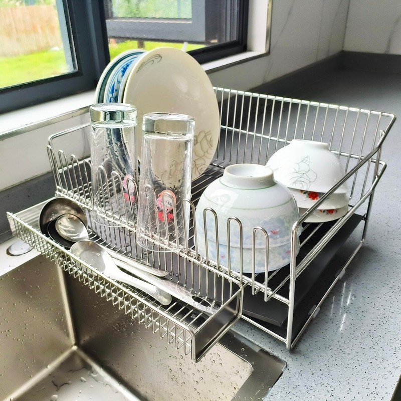 OMBIZNY Dish Drying Rack with Removable Flatware Basket and Drain