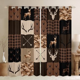 Antler Silhouette Kids Window Curtains,Camo Brown Rustic Window Drapes,Girls Boys Adults Xmas Cottage Decor,Stylish Plaid Grids Arrows Boho Window Treatments Grommet Top 2 Panel Set,38Wx45L inch