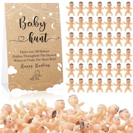 Gemscream 101 Pcs Baby Shower Games Include Paperboard Hunt Sign with 100 Mini Plastic Babies Tabletop Sign Funny Baptism Prizes for Gender Reveal Party Favors