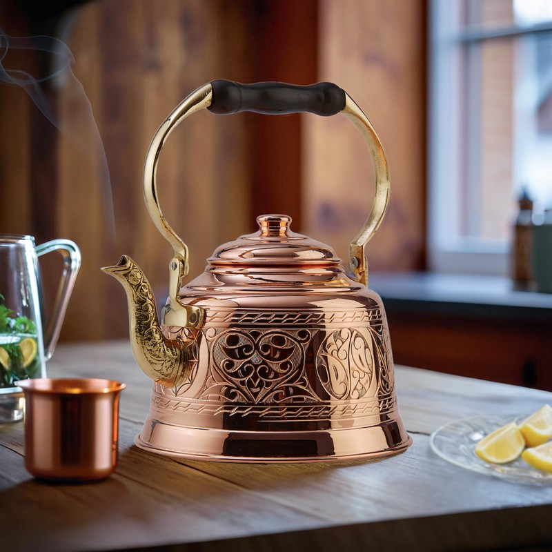 DEMMEX Heavy Gauge 1mm Thick Engraved Solid Copper Tea Pot