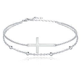 MANBU Sterling Silver Anklet for Women Cross Celtic Pearl Layered Chain Ankle Bracelet Summer Holiday Foot Jewelry Gifts (cross anklet)