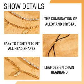 UEIOAVL Fashion Headbands for Women, 1 Piece Head Chain Crystal Headband Leaf Pendant Bridal Tiara Tassel Multilayer Hair Accessory Headband for Women and Girls (Gold)