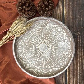 LINKOVE 12" Boho Decorative Tray for Home Decor, Round Wood Coffee Table Tray Decor, Rustic Washed Ottoman Tray for Living Room, Small Wooden Carved Circle Serving Tray Centerpiece Décor