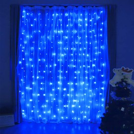 HEYFUNi Curtain Lights,304L 9.8ftX9.8ft 30V 8Modes Safety Window Lights with Memory for Home Wedding Christmas Party Patio Lawn Garden Bedroom Outdoor Indoor Wall Decorations (304LED, Blue) 1