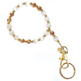 Hidden Hollow Beads Wrist Lanyard, Beaded Women's Wristlet, Bracelet, Jewelry, Keys, Phone, ID Badge, Lightweight, Strong, Gold & White, Wrist Lanyard