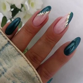 DOCVOEOMH Almond Shaped Press on Nails Medium French Navy Blue Acrylic Fake Press Ons Nails with Glitter Design Glue on Full Cover Artificial False Stick on Nail for Girls Women Daily Wear 24PCS