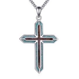 YAFEINI Turquoise Cross Necklace S925 Sterling Silver Wood Pendant Religious Jewelry Gifts for Women Men