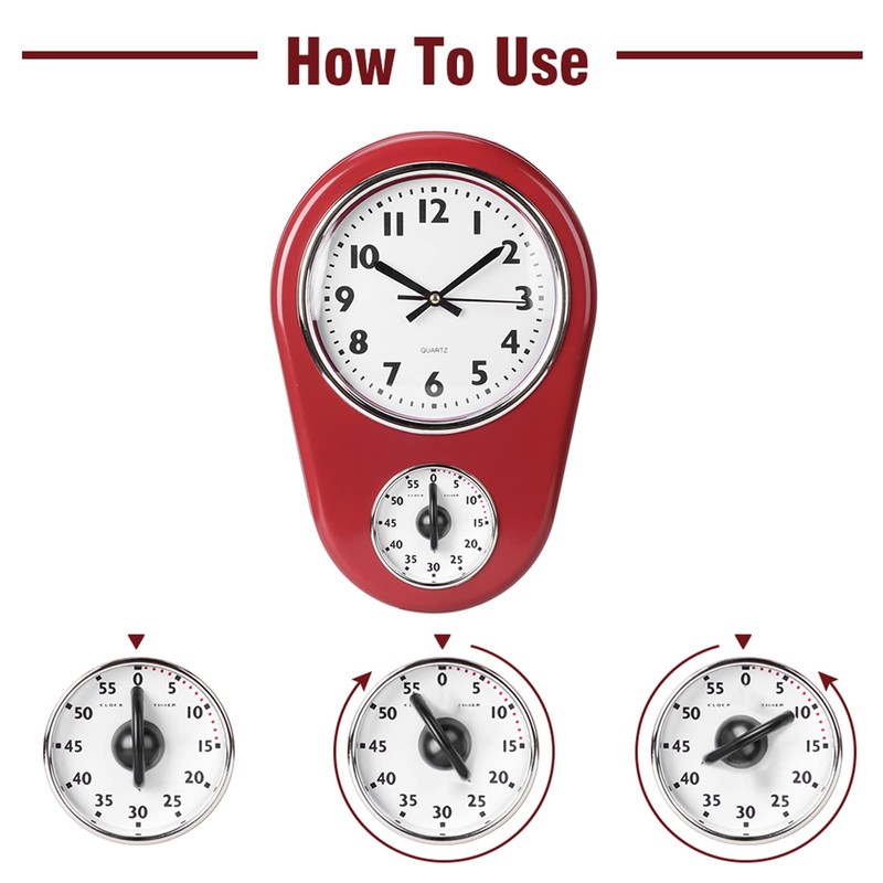 Kitchen Timer Clock, Round Wall Clock Silent Non-Ticking Retro Wall