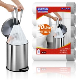 XUXRUS Bin Liners 10 Litre Bin Bags with Drawstring, Pack of 90 Bin Liners with Carry Handle White Waste Bag