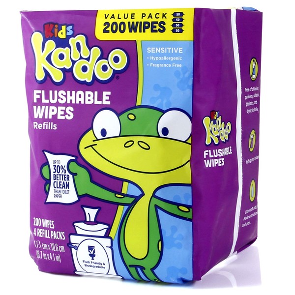 Flushable Wipes for Baby and Kids by Kandoo, Unscented for Sensitive Skin, Hypoallergenic Potty Training Wet Cleansing Cloths, 200 Count, Single Package