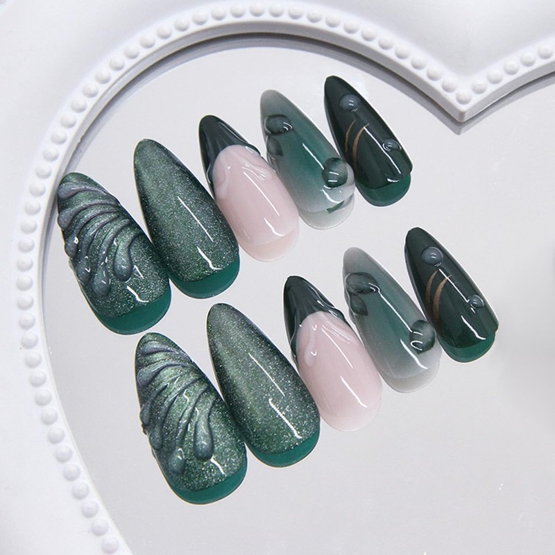 24pcs Emerald Green Press on Nails Medium Almond Cat Eye