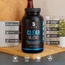 Clear Blend de 180 cápsulas. Nootropico con ingredientes naturales: Hongo Melena de León, Bacopa, L-Tirosina, Vitamina B1, Semilla de Uva Roja y Vitam
