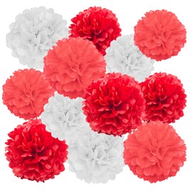 Set of 12 Red and White Tissue Paper Pompoms Set, Tissue Hanging Decoration Paper Pompoms Decoration for Wedding, Christening, Birthday, Communion, Valentine's Day, Mother's Day Party Decoration