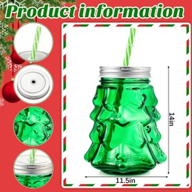 Yetene 6 Pcs Christmas Tree Glasses Cups 19 oz Candy Mason Jar with Lids and Straw Reusable Christmas Drinkware Cookie Storage Holiday Tumbler Mug for Xmas Party Gift